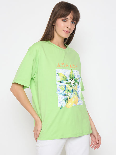 Madame Botanical Print Short Sleeve Green Cotton Blend T-shirt