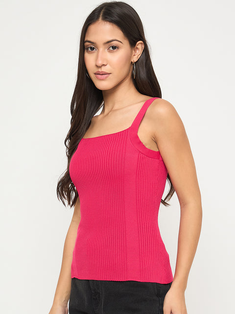 Madame Ribbed Sleeveless Raspberry Red Knitted Top