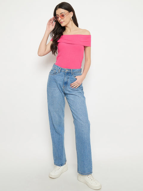 Madame Hot Pink Rayon Blend Off-Sleeve Top