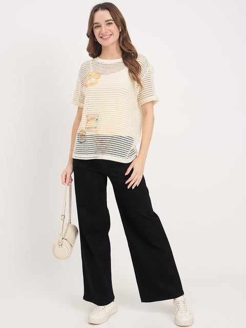 Madame Beige Printed Round Neck Half Sleeve T-Shirt