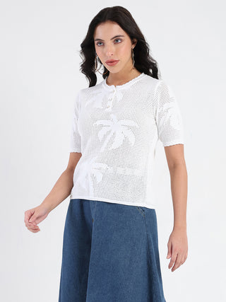 Madame Semi Sheer Botanical Pattern White Knit Top