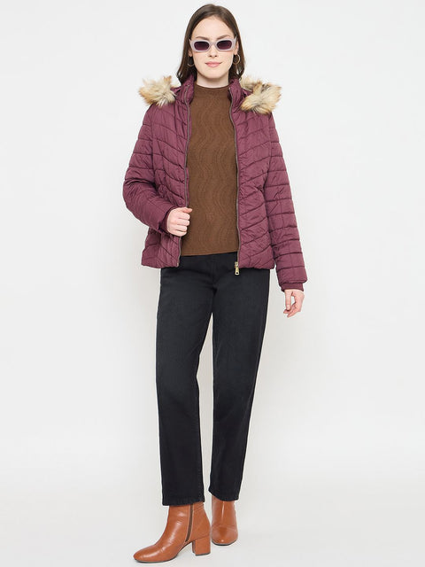 Madame Wine Colour Quilted Jacket with Faux Fur Hood
