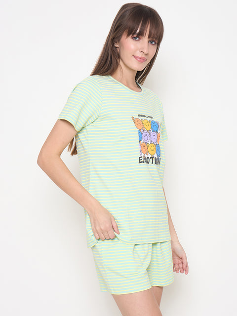 mSECRET Printed Top, Shorts and Bottoms Mint Green Night Suit