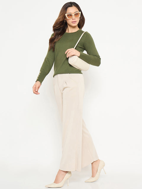 Madame Olive Green Round Neck Sweater with Cuff Sleeves