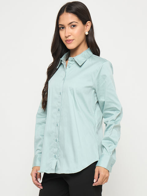 Madame Buttoned Front Solid Cotton Blend Green Shirt