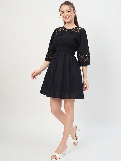 Madame Black Puff Sleeve Cotton Mini Dress