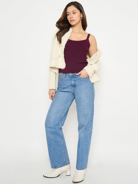 Madame Camisole Neck Wine Knit Crop Top