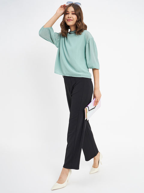 Madame Embellished Neckline Turtle Neck Solid Mint Green Top