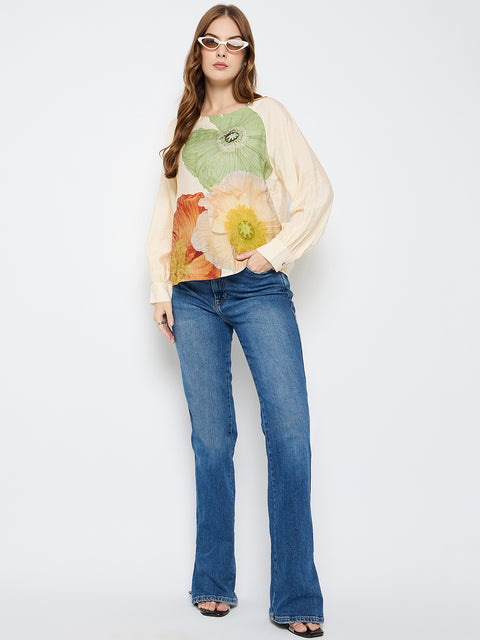 Madame Floral Print Rayon Blend Off White Top