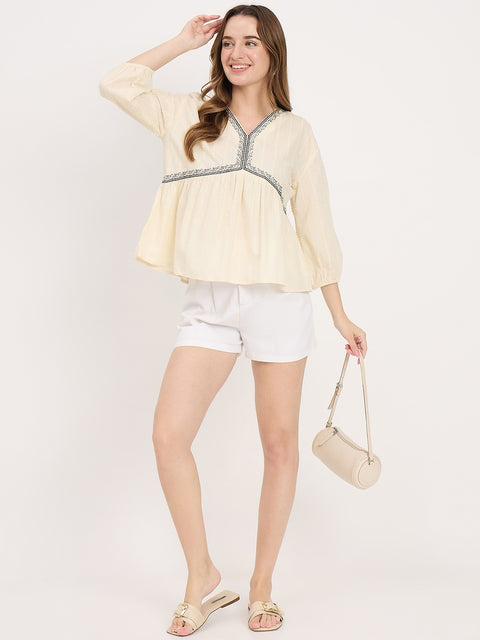Madame Off White Cotton Lace Detail V-Neck Puff Sleeve Top