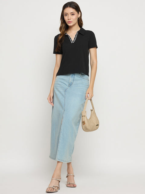 Madame Black Knit Polo Neck Short Sleeve T-Shirt