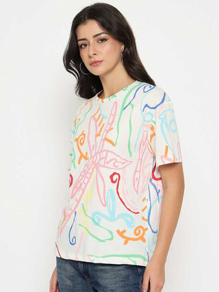 Madame All Over Print Half Sleeve White Cotton T-shirt