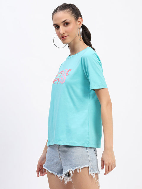 Madame Typography Detailing Cotton Aqua Top