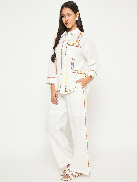 Madame Printed Shirt and Trousers White Cotton Co-ord Set