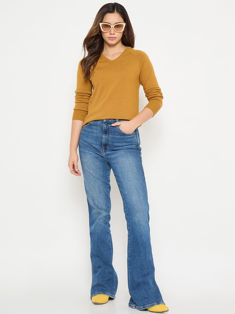 Madame V Neck Mustard Yellow Solid Sweater