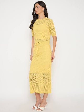 Madame Acrylic Blend Top and Skirt Yellow Knitted Co-ord Set