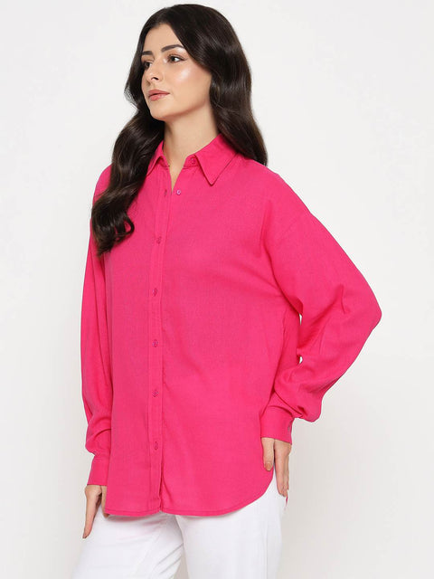 Madame Linen Blend Solid Hot Pink Shirt