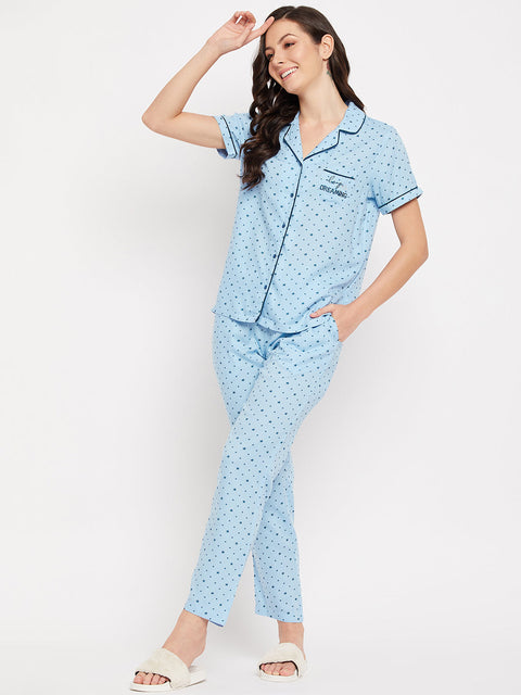 mSECRET Lapel Collar Star Printed Cotton Nightsuit