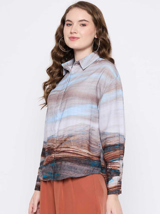 Madame Abstract Print Button Down Sky Blue Shirt Collar Shirt