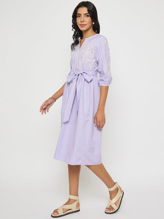 Madame Embroidered Belted A Line Midi Mauve Dress