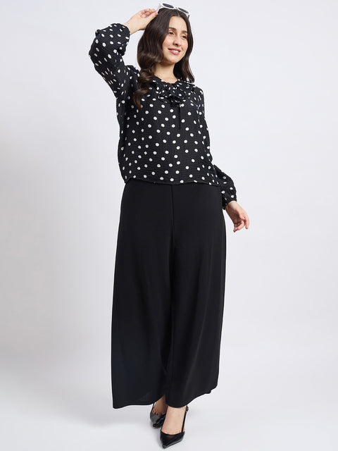 Madame Black Polka Dot Print Ruffle Collar Top
