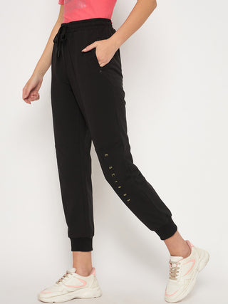 Madame Knit Reverse Panels Solid Black Jogger Style Track Bottoms