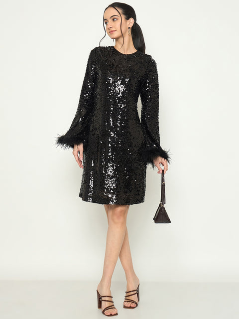 Madame Black Shimmery Midi Dress with Fur Flared Sleeves
