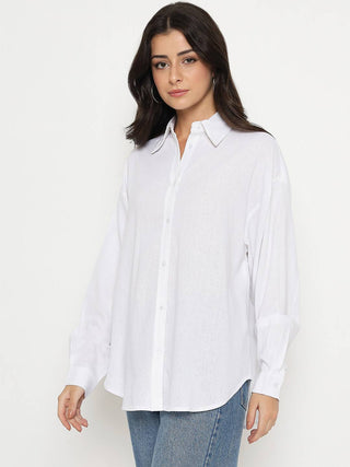 Madame Linen Blend Solid White Shirt