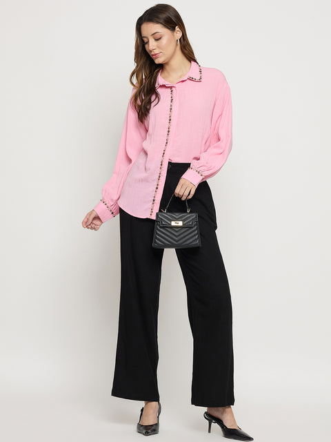 Madame Pink Embellished Rayon Full Sleeve Shirt
