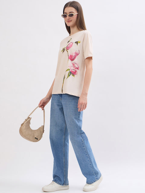 Madame Printed Beige Cotton T-Shirt