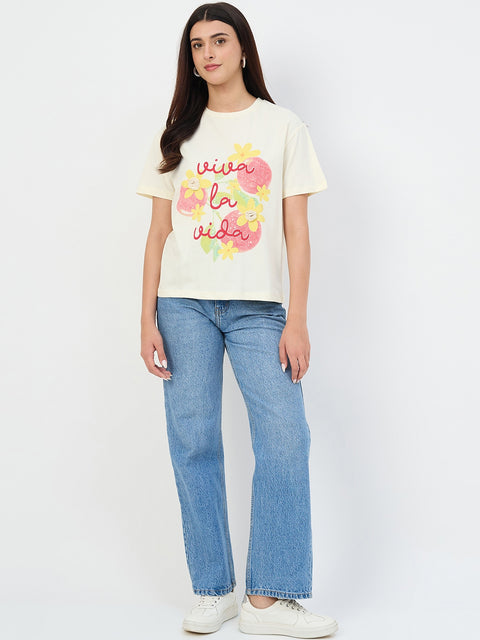 Madame Beige Crew Neck Printed Cotton T-Shirt