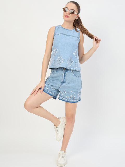 Madame Mid Blue Cotton Tencel Embroidered Denim Shorts