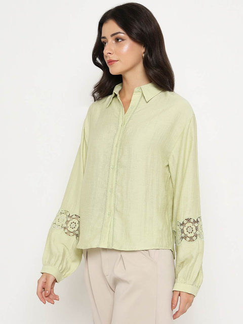 Madame Floral Lace Insertion Green Rayon Blend Shirt