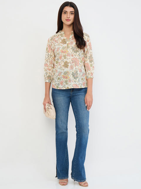 Madame Beige Printed Cotton-Blend Top