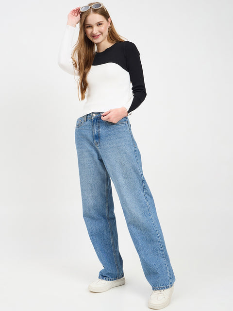 Madame Designer Colorblock Details Black Knit Top