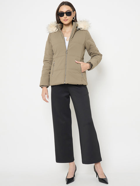 Madame Faux Fur Olive Green Puffer Jacket