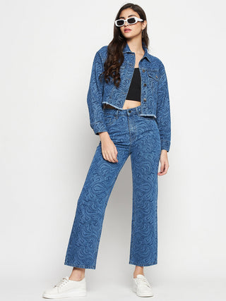 Madame Blue Printed Denim Crop Jacket