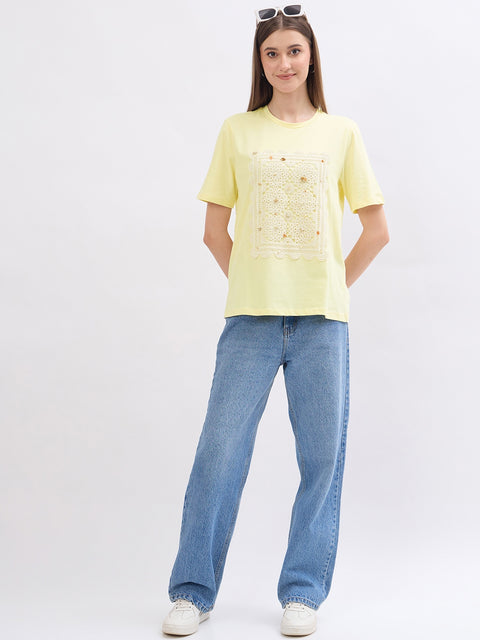 Madame Thread Embroidery Patchwork Yellow Cotton T-Shirt