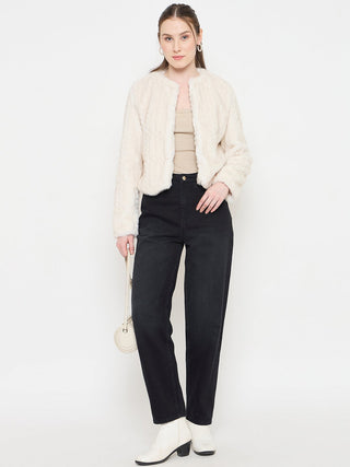 Madame Off White Round Neck Pearl Embellished Blazer