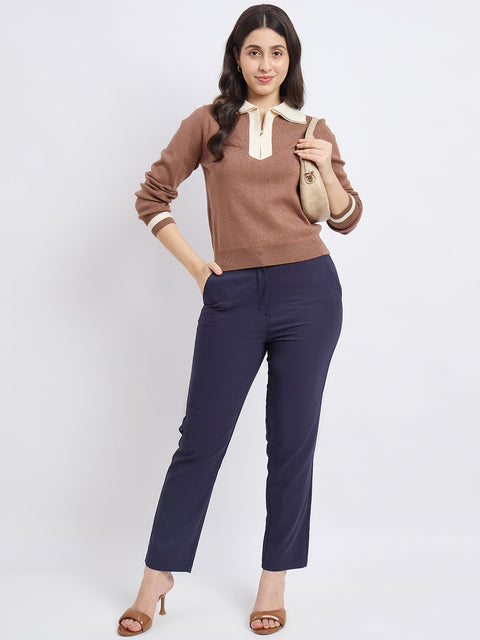 Madame Brown Contrast Trim Knit Top