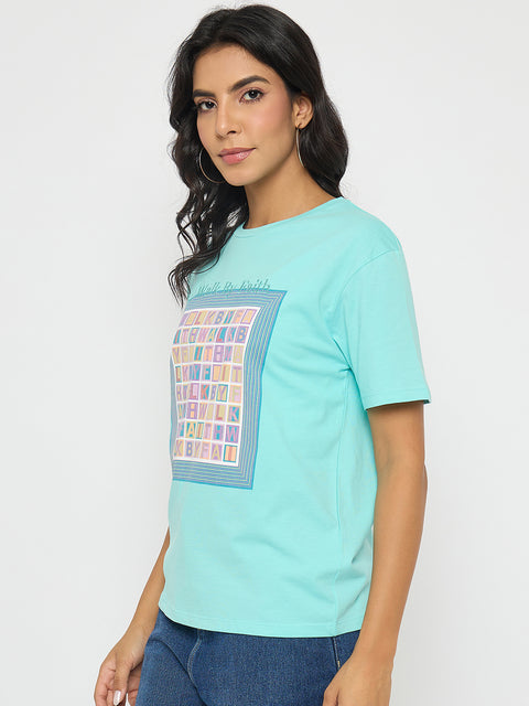 Madame Embroidered Graphic Print Cotton Aqua Blue T-Shirt