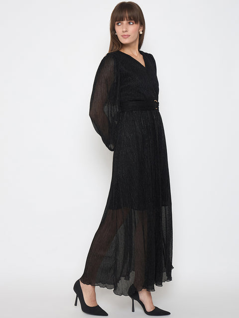 Madame Pliss Self Design Belted Black Flared Maxi Dress