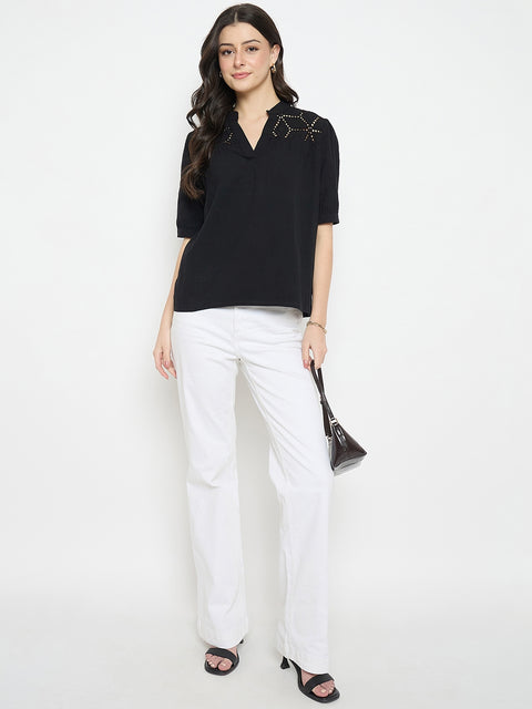 Madame Schiffli Detailing Black Cotton Top