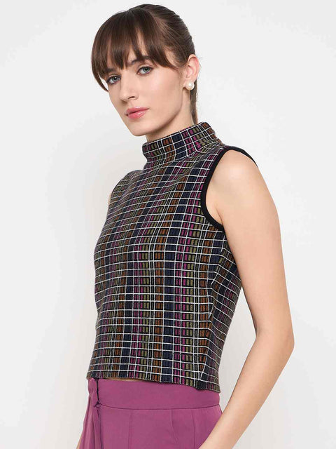 Madame Multicolored Chequered Tweed Black Funnel Neck Top