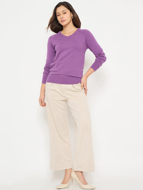 Madame V Neck Purple Solid Sweater