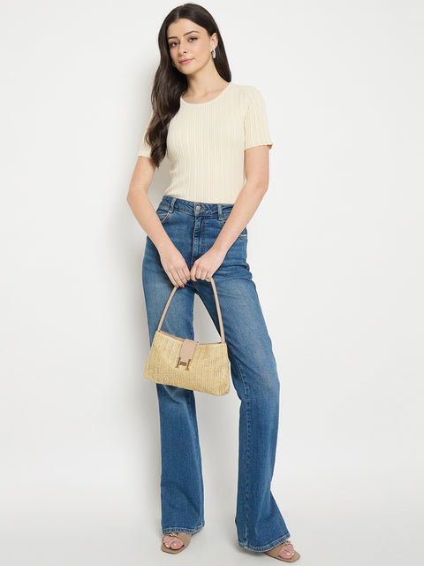 Madame Beige Viscose Blend Knitted T-Shirt