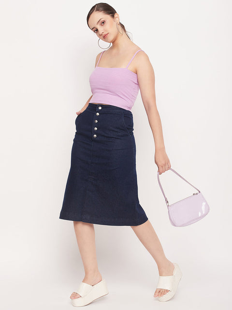 Madame Navy Front Slit A-Line Denim Skirt