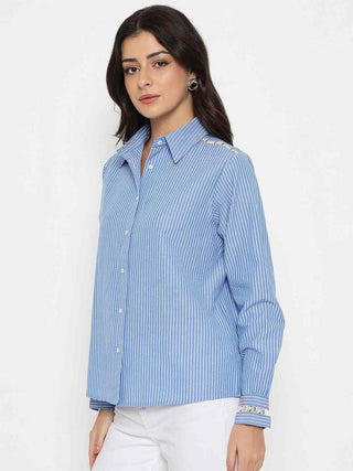 Madame Textured Embroidered Accents Blue Shirt