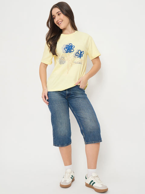 Madame Yellow Graphic Print Cotton Round Neck T-Shirt