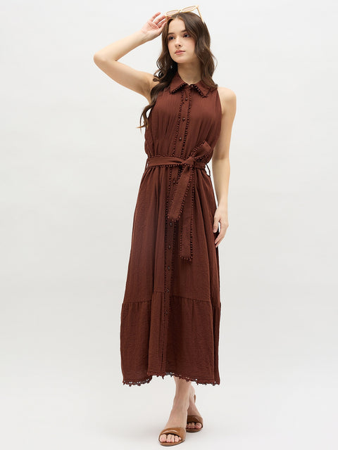 Madame Chocolate Brown Sleeveless Maxi Shirt Dress